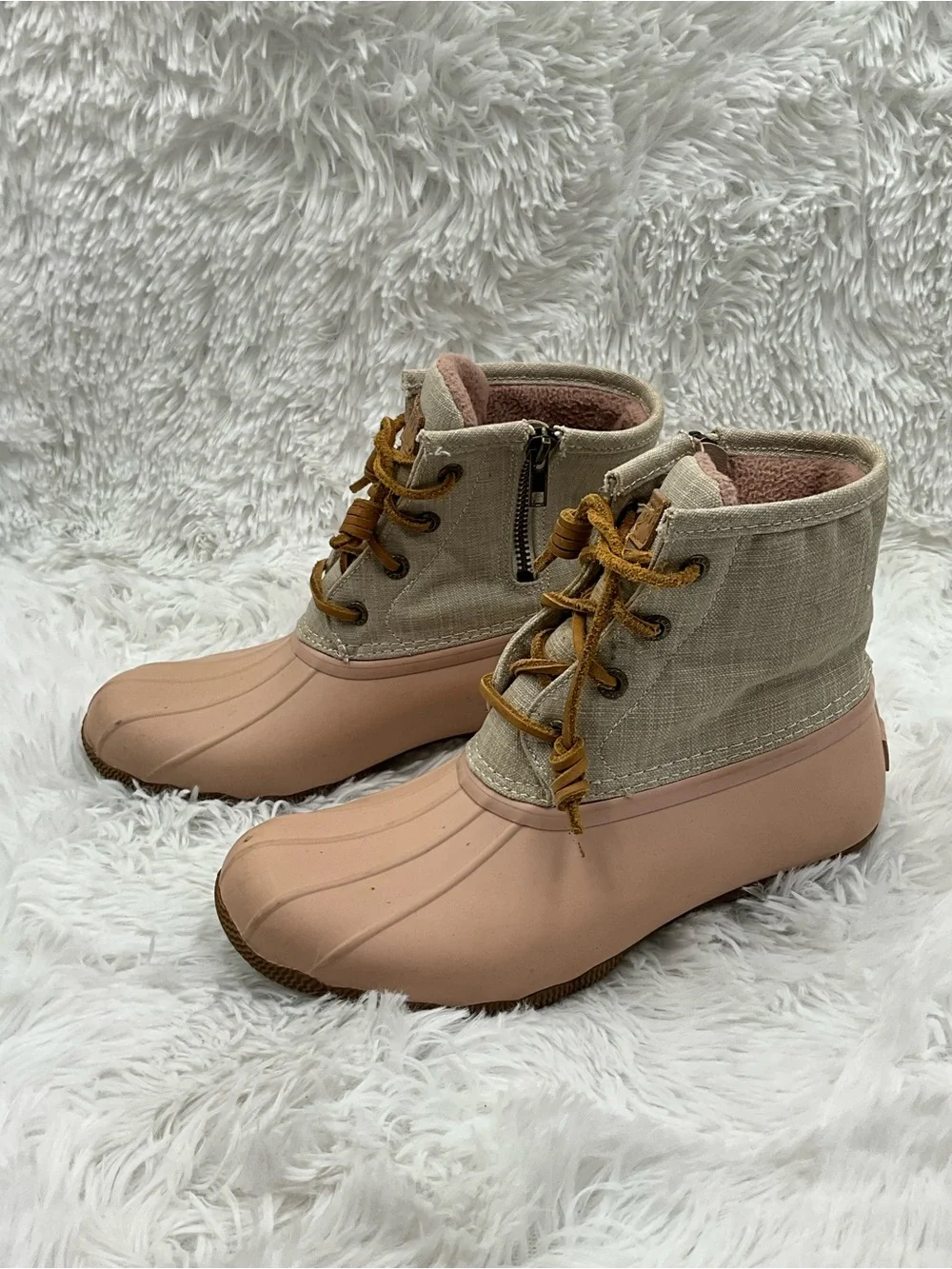 Sperry Saltwater Duck Boots Size 6.5 Blush Pink & Tan Linen Fleece Lined